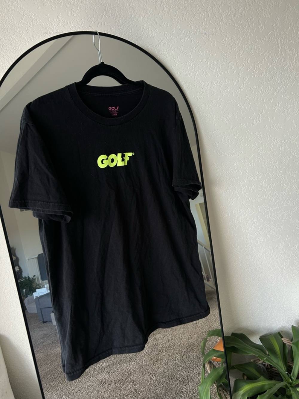 Golf Wang Black Tee with Neon Yellow Logo. Second hand vintage shop